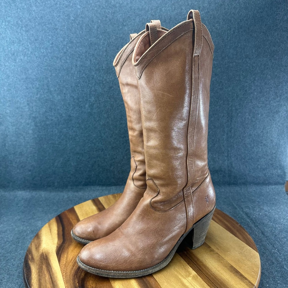 Frye Taylor Pull On Tan Leather Western Tall Boots Pointed Toe Womens Size 10B - Picture 5 of 11
